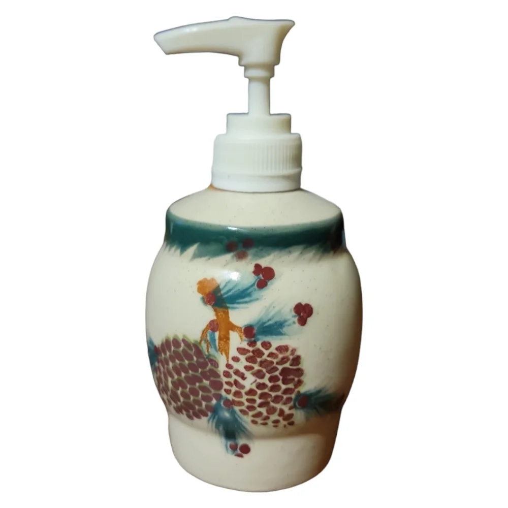 Vtg Ceramic Pump Bathroom Soap Dispenser Abstract Art Pine Tree Cones